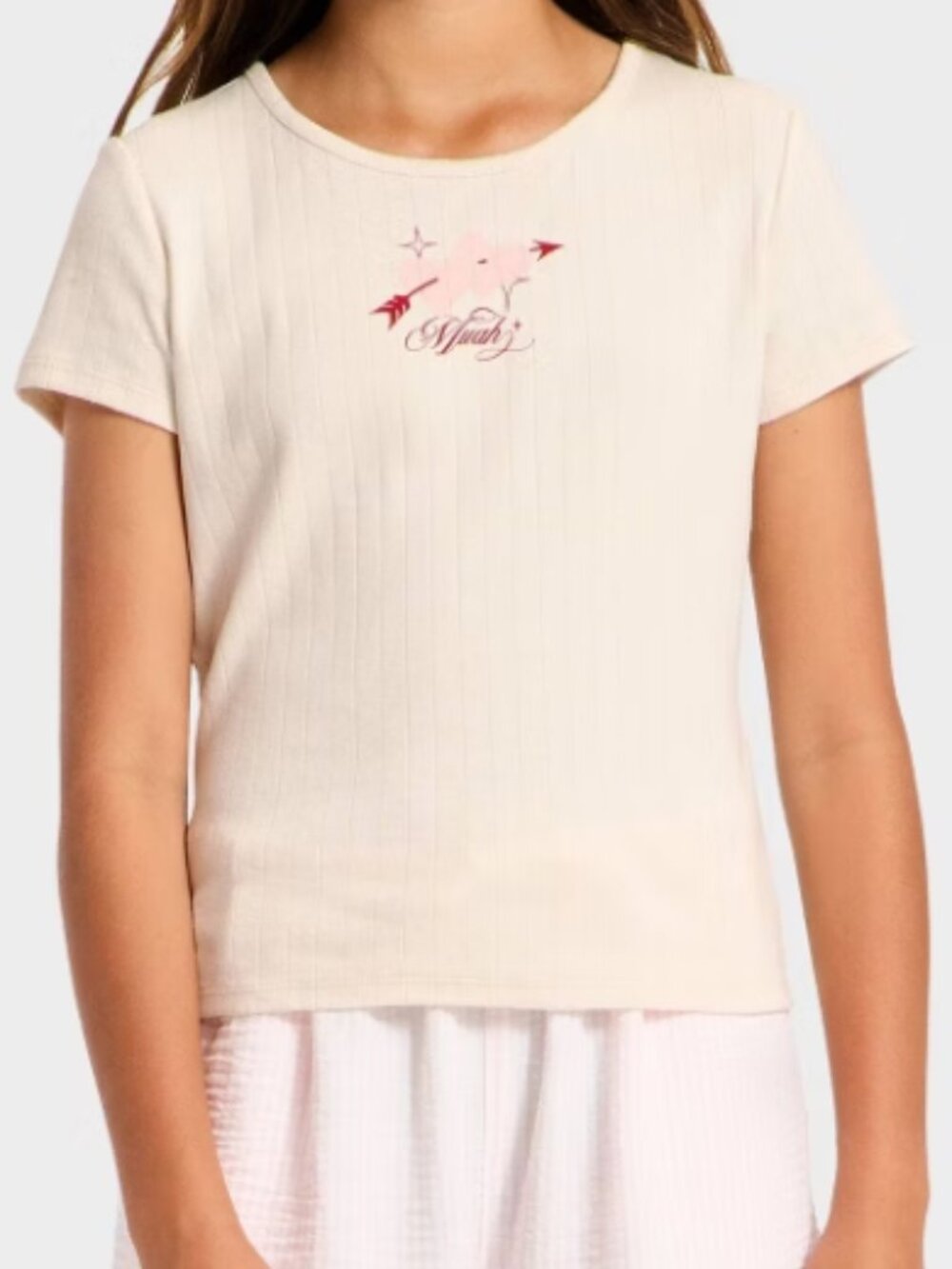 Girls' Heart Graphic Pointelle T-Shirt - art class™ Cream XL